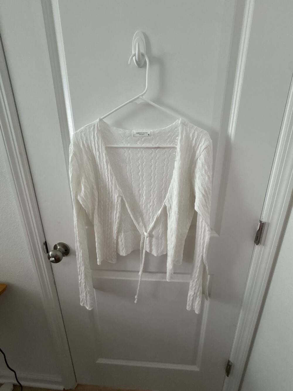 Good Days Project White Knit Tie-Front Long Sleeve Cropped Cardigan